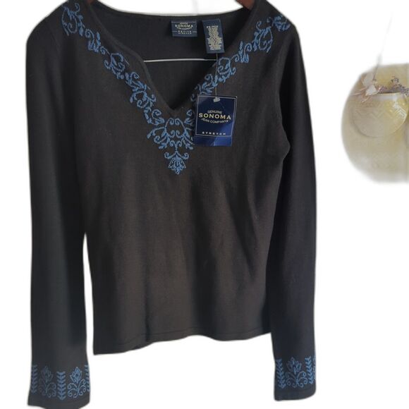 NWT Sonoma Petite Stretch Black Shirt Small Blue Stitching Pattern Fall Sweater - Picture 1 of 6